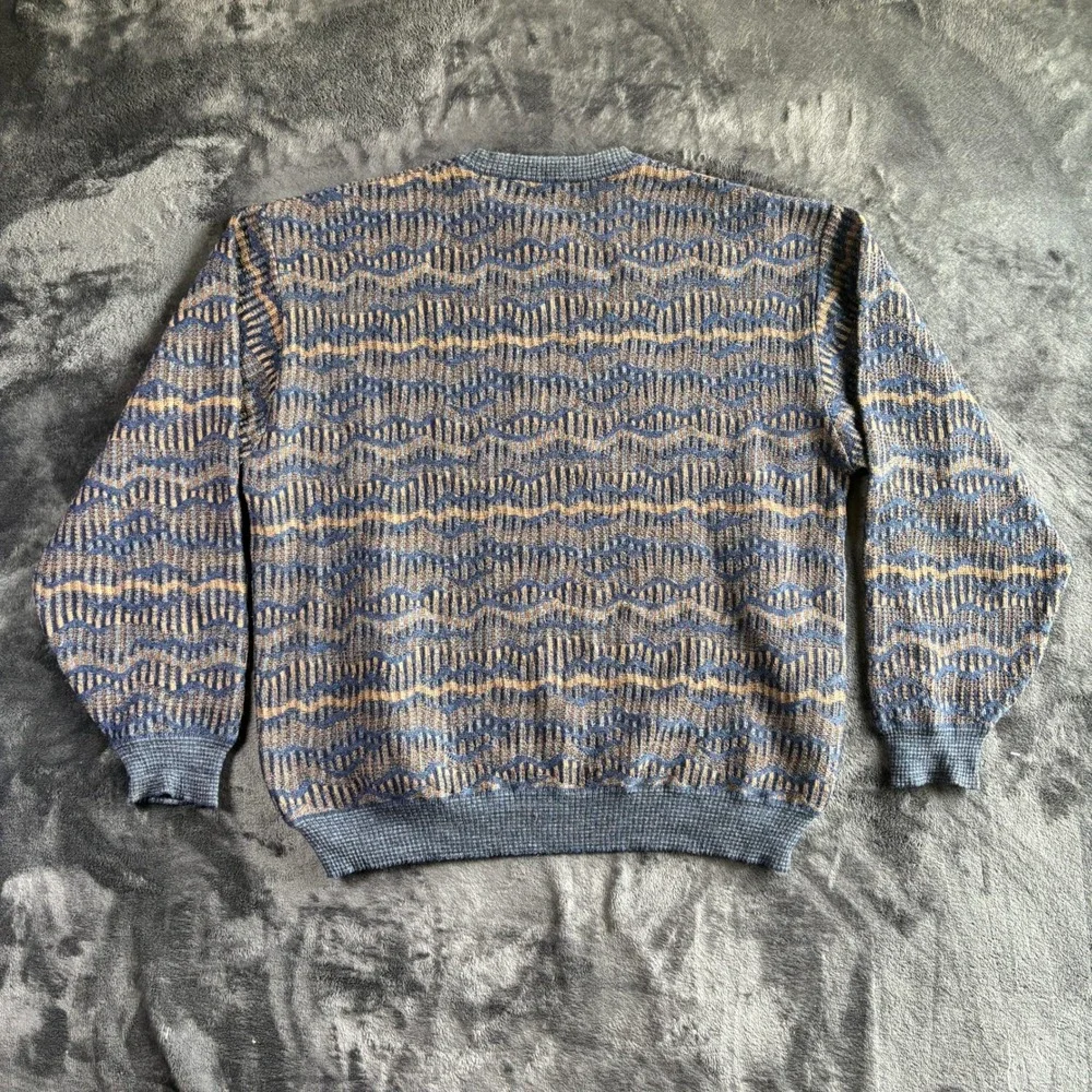 Tricots St Raphael Mens Large Vintage Blue Brown Geometric Wave‎ Knit Sweater L